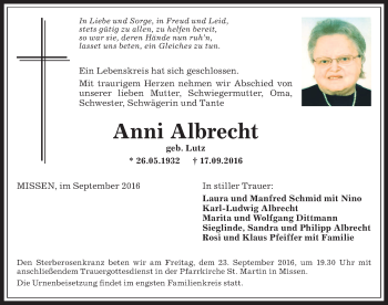 Traueranzeige von Anni Albrecht von Allgäuer Zeitung