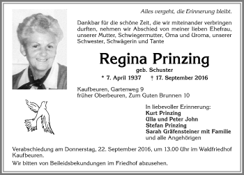 Traueranzeige von Regina Prinzing von Allgäuer Zeitung
