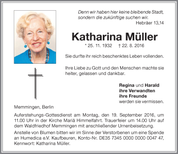 Traueranzeige von Katharina Müller von Allgäuer Zeitung