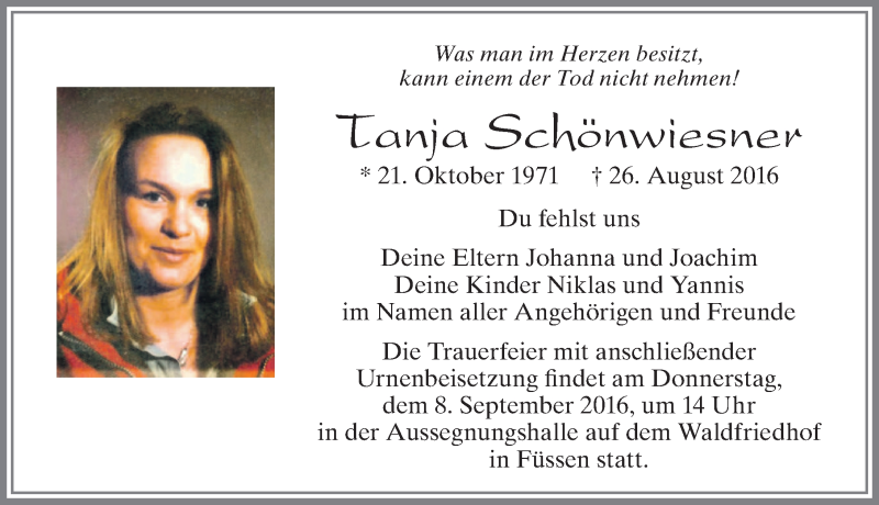  Traueranzeige für Tanja Schönwiesner vom 03.09.2016 aus Allgäuer Zeitung
