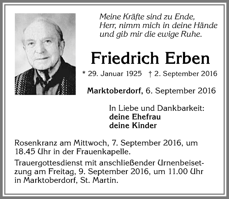  Traueranzeige für Friedrich Erben vom 06.09.2016 aus Allgäuer Zeitung