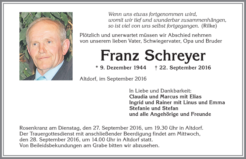  Traueranzeige für Franz Schreyer vom 26.09.2016 aus Allgäuer Zeitung