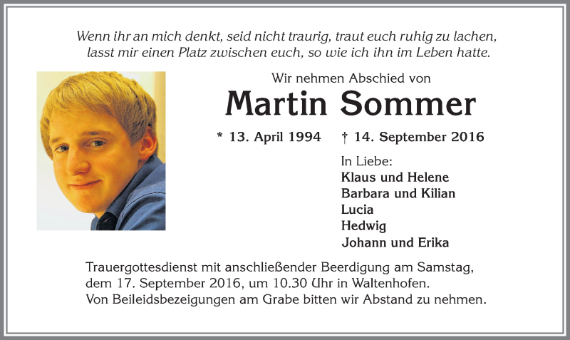 Traueranzeige für Martin Sommer vom 16.09.2016 aus Allgäuer Zeitung