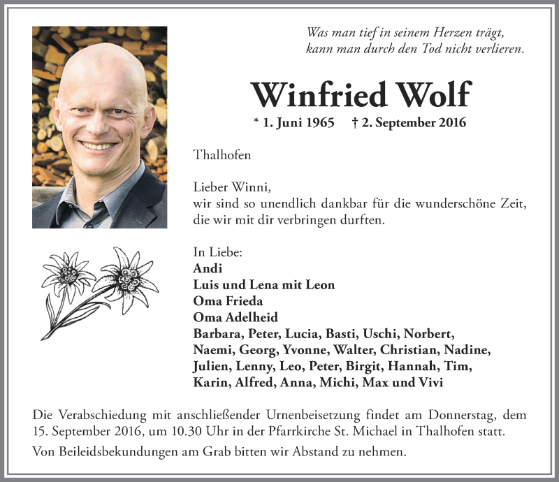  Traueranzeige für Winfried Wolf vom 13.09.2016 aus Allgäuer Zeitung