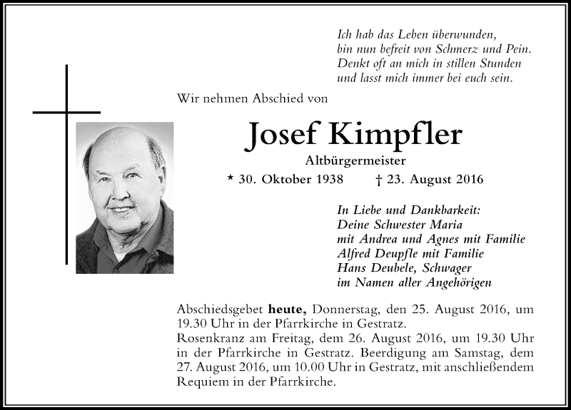  Traueranzeige für Josef Kimpfler vom 25.08.2016 aus Allgäuer Zeitung