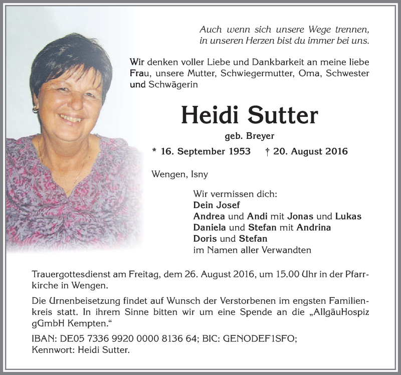 forlænge patient kølig Traueranzeigen von Heidi Sutter | Allgäuer Zeitung
