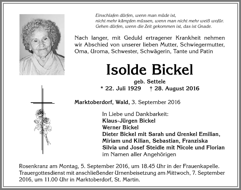  Traueranzeige für Isolde Bickel vom 03.09.2016 aus Allgäuer Zeitung