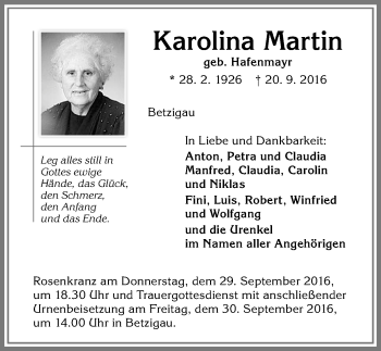 Traueranzeige von Karolina Martin von Allgäuer Zeitung