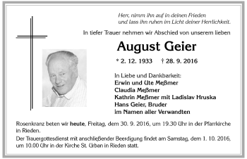 Traueranzeige von August Geier von Allgäuer Zeitung