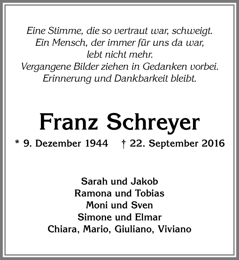  Traueranzeige für Franz Schreyer vom 27.09.2016 aus Allgäuer Zeitung