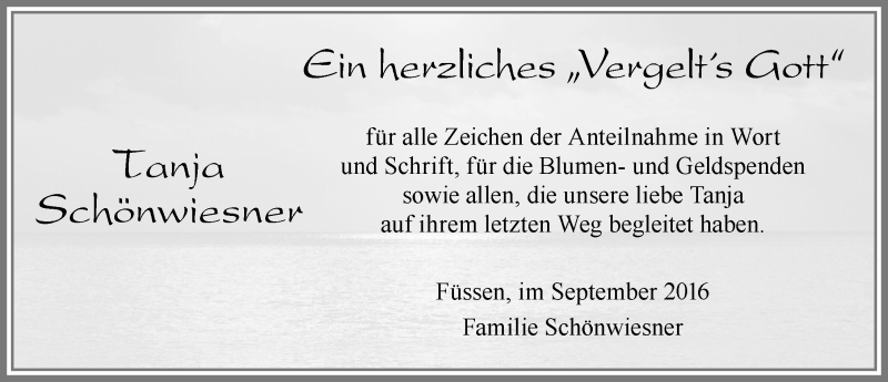  Traueranzeige für Tanja Schönwiesner vom 17.09.2016 aus Allgäuer Zeitung