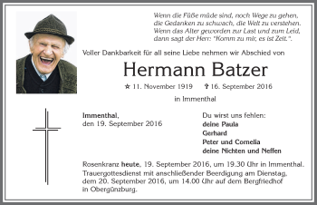 Traueranzeige von Hermann Batzer von Allgäuer Zeitung