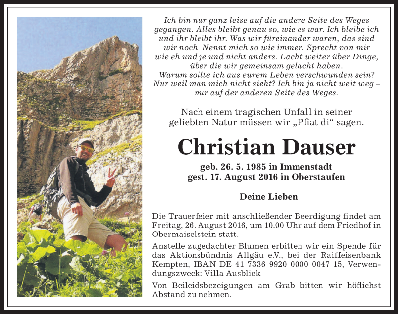  Traueranzeige für Christian Dauser vom 23.08.2016 aus Allgäuer Zeitung