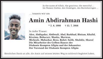 Traueranzeige von Amin Abdirahman Hashi von Allgäuer Zeitung