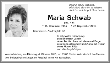 Traueranzeige von Maria Schwab von Allgäuer Zeitung