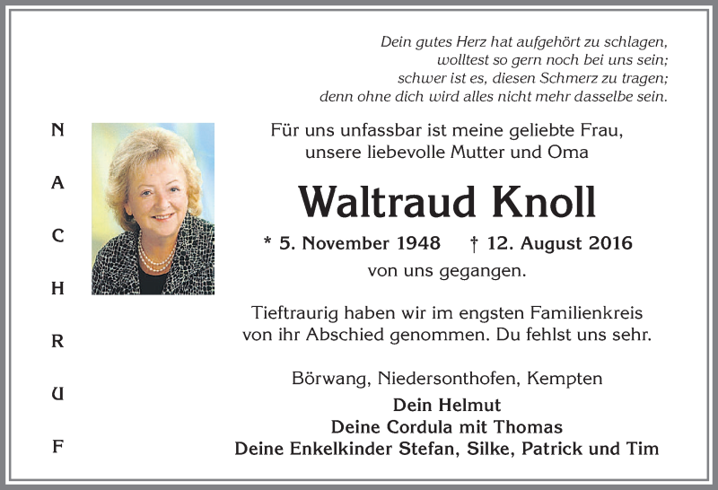  Traueranzeige für Waltraud Knoll vom 24.08.2016 aus Allgäuer Zeitung