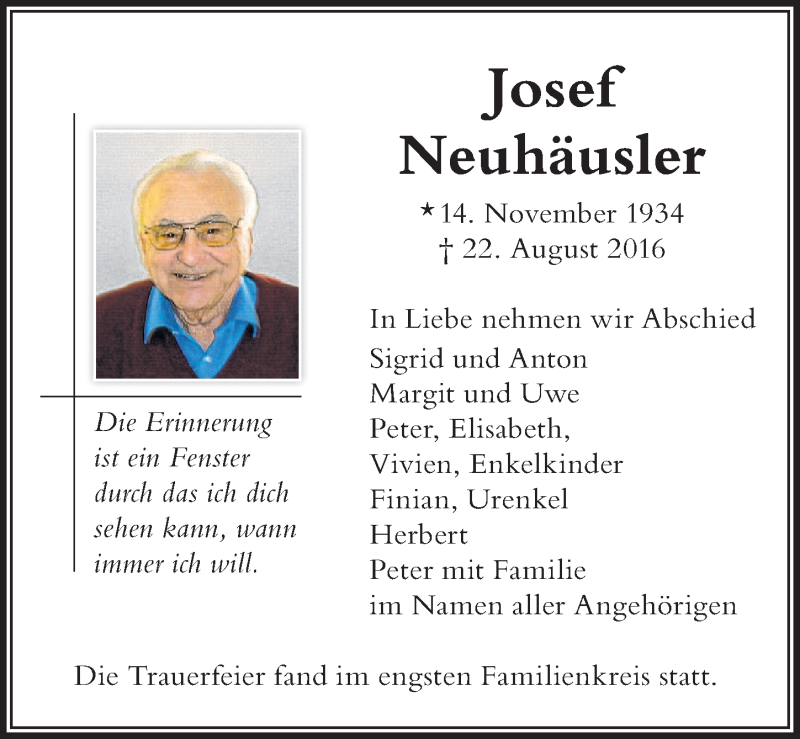  Traueranzeige für Josef Neuhäusler vom 03.09.2016 aus Allgäuer Zeitung