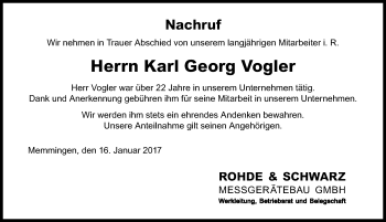 Traueranzeige von Karl Georg Vogler von Memminger Zeitung