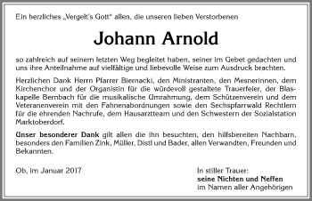 Traueranzeige von Johann Arnold von Allgäuer Zeitung, Marktoberdorf