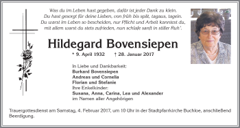 Traueranzeige von Hildegard Bovensiepen von Allgäuer Zeitung, Kaufbeuren/Buchloe