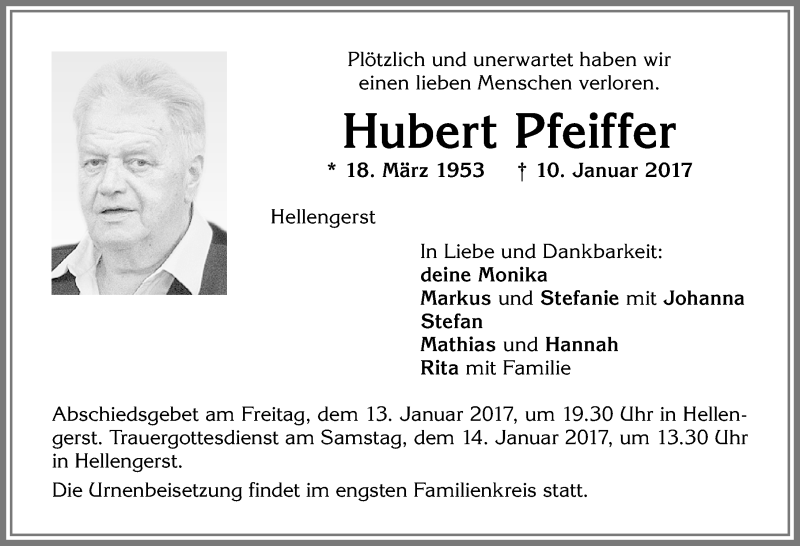  Traueranzeige für Hubert Pfeiffer vom 12.01.2017 aus Allgäuer Zeitung,Kempten