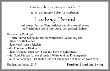 Traueranzeige von Ludwig Braml von Allgäuer Zeitung, Füssen