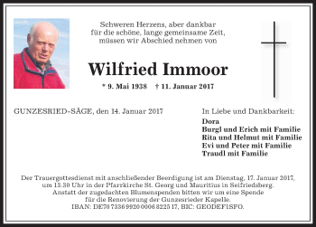 Traueranzeige von Wilfried Immoor von Allgäuer Anzeigeblatt