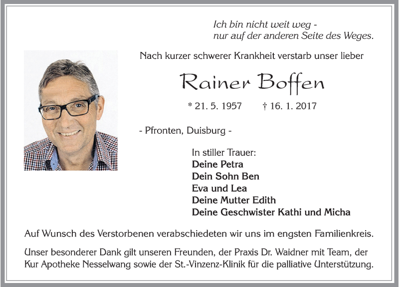  Traueranzeige für Rainer Boffen vom 23.01.2017 aus Allgäuer Zeitung, Füssen