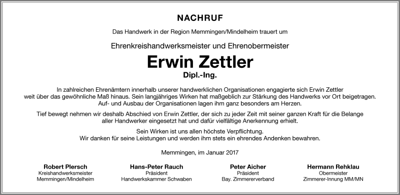  Traueranzeige für Erwin Zettler vom 19.01.2017 aus Allgäuer Zeitung