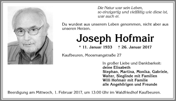 Traueranzeige von Joseph Hofmair von Allgäuer Zeitung, Kaufbeuren/Buchloe