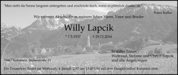 Traueranzeige von Willy Lapcik von Allgäuer Zeitung, Füssen