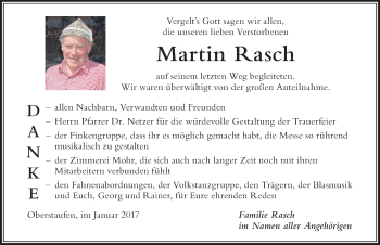 Traueranzeige von Martin Rasch von Der Westallgäuer