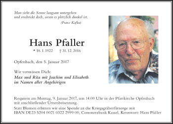 Traueranzeige von Hans Pfaller von Der Westallgäuer