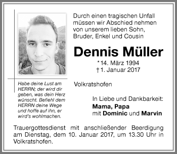 Traueranzeige von Dennis Müller von Memminger Zeitung