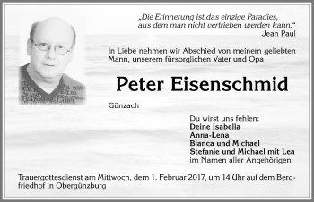 Traueranzeige von Peter Eisenschmid von Allgäuer Zeitung, Marktoberdorf