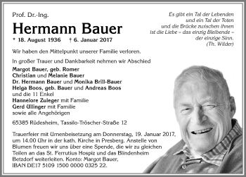 Traueranzeige von Hermann Bauer von Allgäuer Zeitung, Marktoberdorf