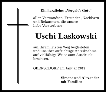 Traueranzeige von Uschi Laskowski von Allgäuer Anzeigeblatt