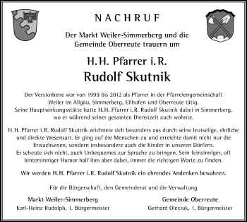 Traueranzeige von Rudolf Skutnik von Der Westallgäuer