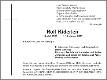 Traueranzeige von Rolf Kiderlen von Allgäuer Zeitung, Kaufbeuren/Buchloe