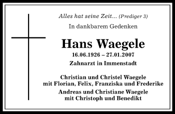 Traueranzeige von Hans Waegele von Allgäuer Anzeigeblatt
