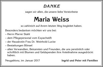 Traueranzeige von Maria Weiss von Allgäuer Zeitung, Kaufbeuren/Buchloe
