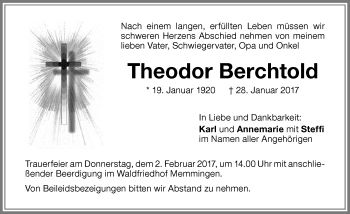 Traueranzeige von Theodor Berchtold von Memminger Zeitung