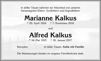 Traueranzeige von Marianne und Alfred Kalkus von Allgäuer Zeitung,Kempten