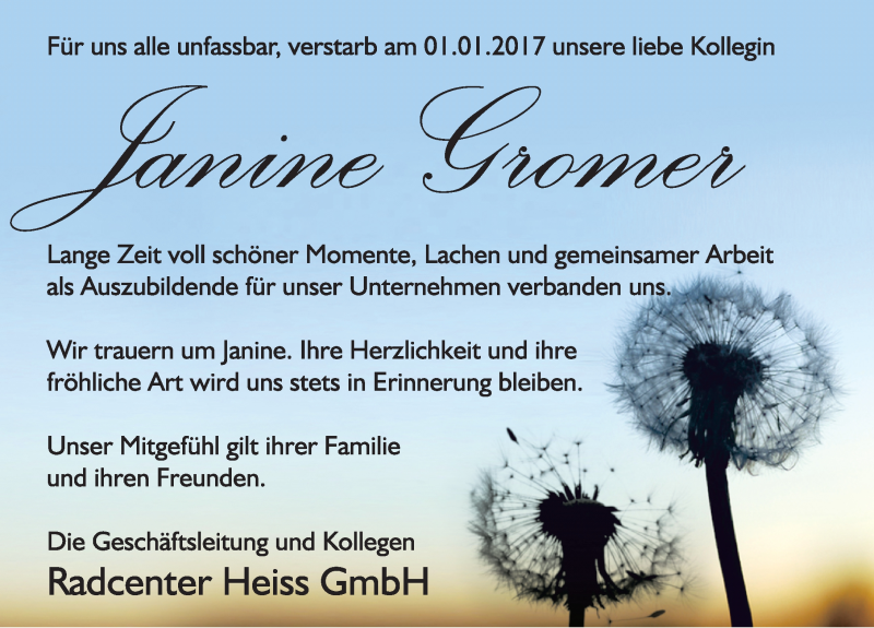  Traueranzeige für Janine Gromer vom 07.01.2017 aus Memminger Zeitung