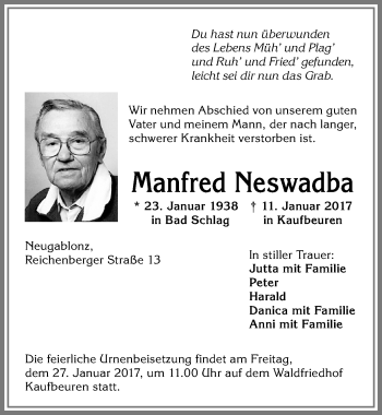 Traueranzeige von Manfred Neswadba von Allgäuer Zeitung, Kaufbeuren/Buchloe