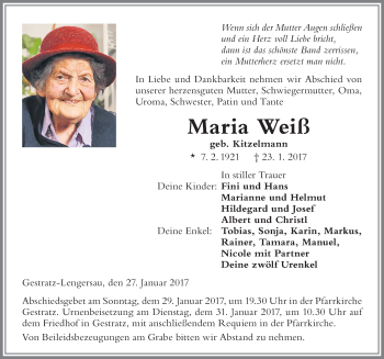 Traueranzeige von Maria Weiß von Der Westallgäuer