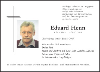 Traueranzeige von Eduard Henn von Der Westallgäuer