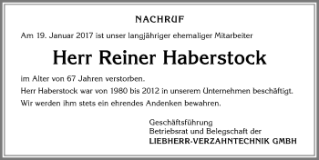 Traueranzeige von Reiner Haberstock von Allgäuer Zeitung,Kempten