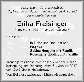 Traueranzeige von Erika Freisinger von Allgäuer Zeitung,Kempten