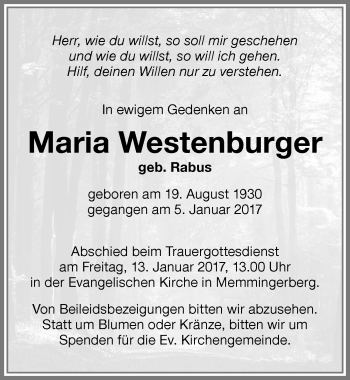 Traueranzeige von Maria Westenburger von Memminger Zeitung